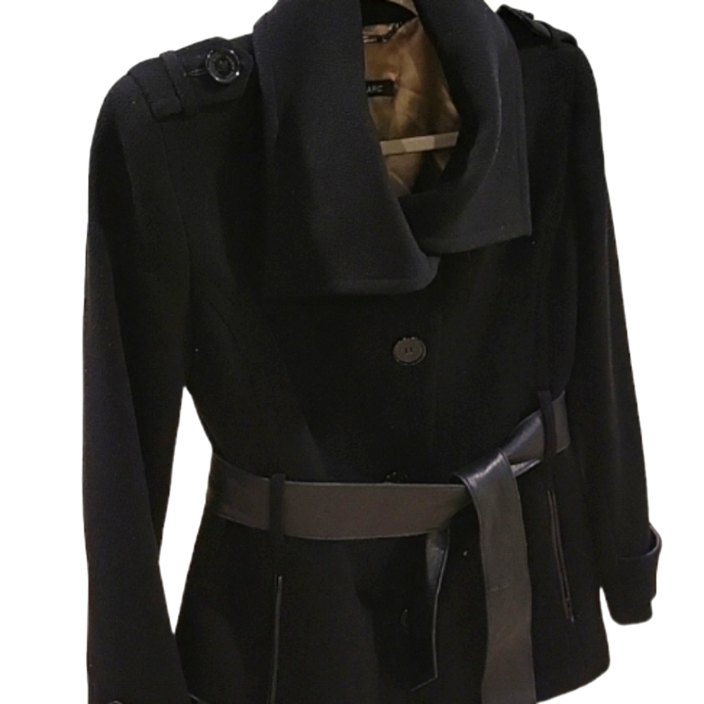 ANDREW MARC Black Virgin Wool Blend & Leather Trim Coat Jacket 4.